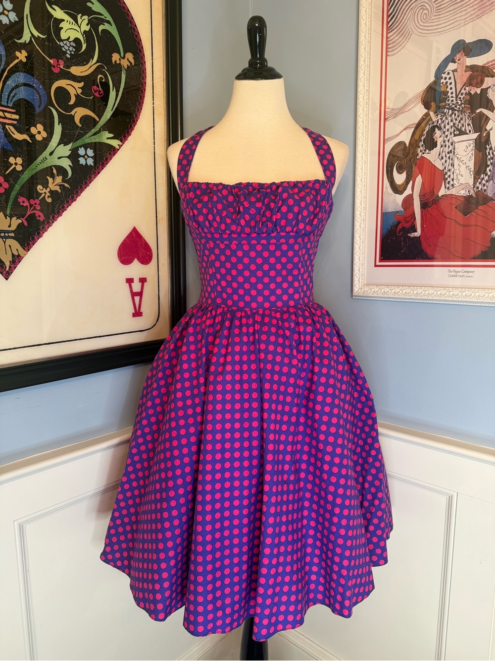 Rare! Bernie Dexter Retro Purple and Pink Polka Dot Halter Midi Swing Dress sz L